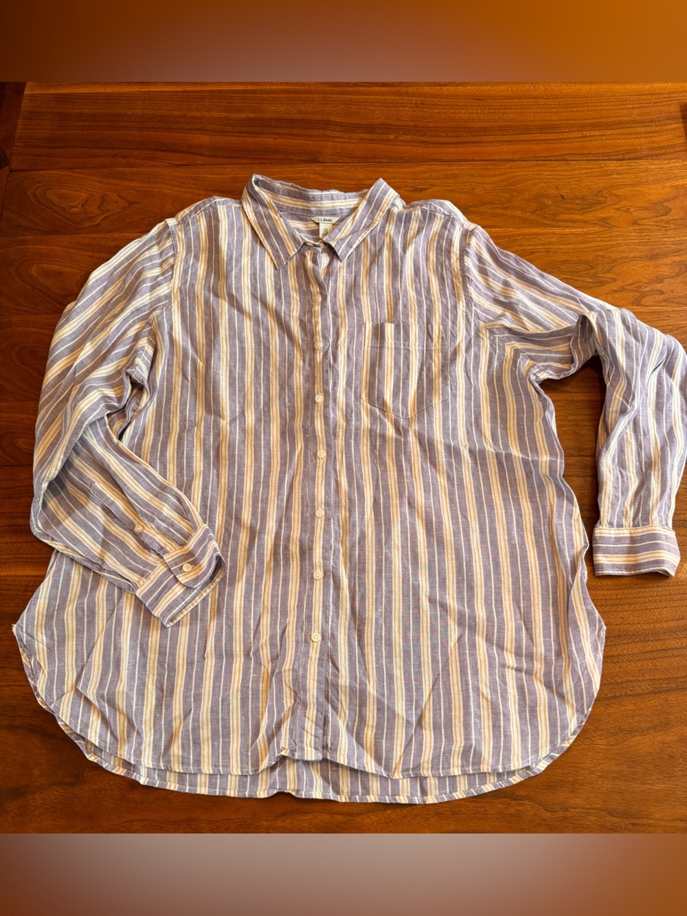 LL Bean Linen Button Shirt in Purple Gold White stripes in EUC Plus Size 2X